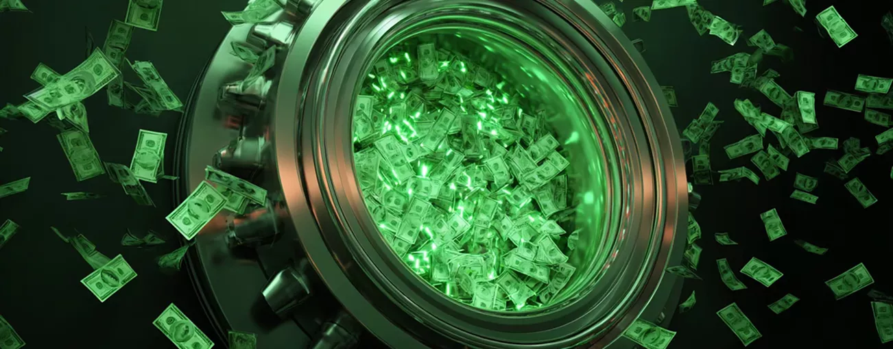 Une voûte ouverte remplie de billets de cent dollars américains verts et brillants, certains flottant autour