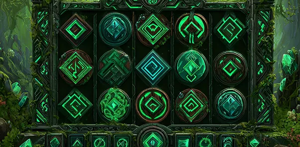 Écran de jeu avec des symboles runiques vert vif sur un fond de forêt mystique sombre