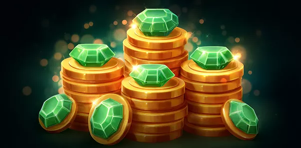 Piles de pièces d'or surmontées de pierres précieuses vertes et brillantes, créant une image de richesse