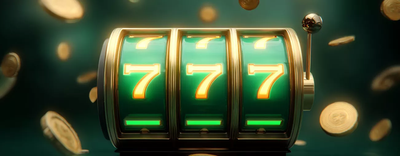 Three reels of a slot machine displaying the number seven, surrounded by floating gold coins, on a green background